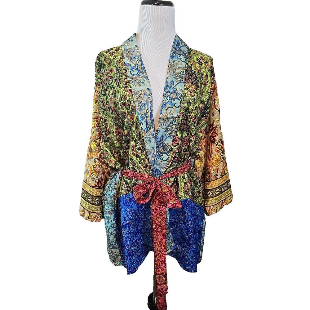 Patchwork print kimono Silk Blend Tie short length  size S -‎ Size XL New